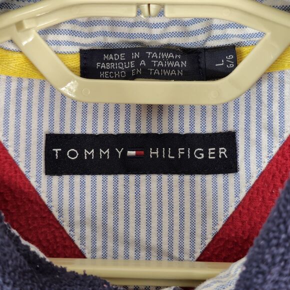 Vintage Tommy Hilfiger Fleece Mens Large Red Blue Rugby Stripe Pullover 2002 - Picture 5 of 9